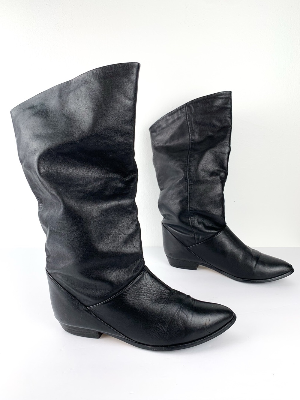 80s slouch boots vintage black leather low heel knee boots women’s size 8